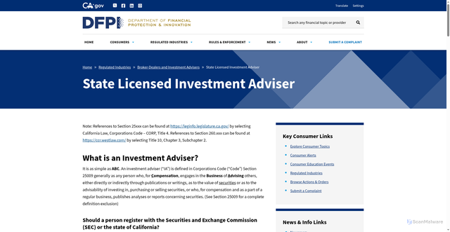 Security scan screenshot of https://dfpi.ca.gov/regulated-industries/broker-dealers-and-investment-advisers/state-licensed-investment-adviser/