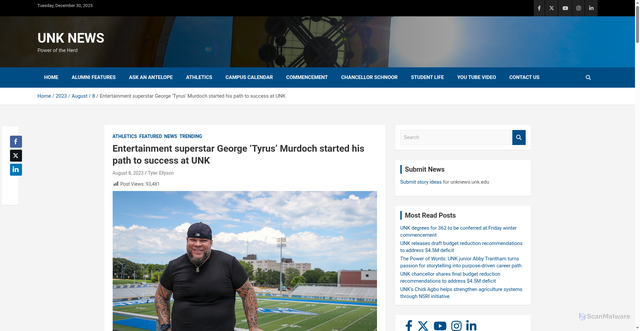 Security scan screenshot of https://unknews.unk.edu/2023/08/08/entertainment-superstar-george-tyrus-murdoch-started-his-path-to-success-at-unk/