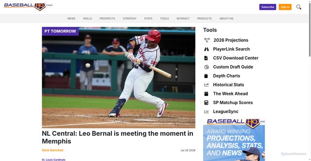 Security scan screenshot of https://www.baseballhq.com/articles/news/pt-tomorrow/nl-central-leo-bernal-is-meeting-the-moment-in-memphis
