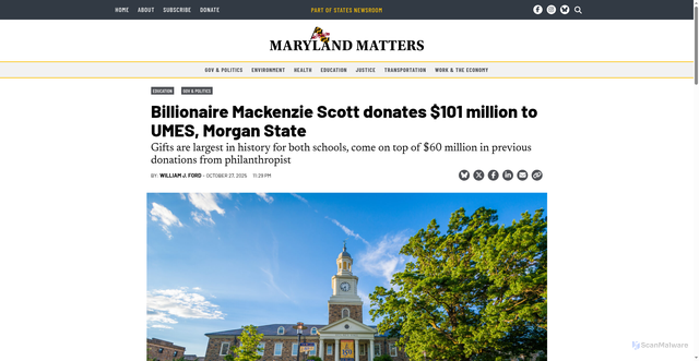 Security scan screenshot of https://marylandmatters.org/2025/10/27/billionaire-mackenzie-scott-donates-101-million-to-umes-morgan-state/