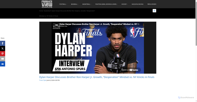 Security scan screenshot of https://fanaticsview.com/basketball/dylan-harper-discusses-brother-ron-harper-jr-growth-desperation-mindset-vs-ny-knicks-in-finals/
