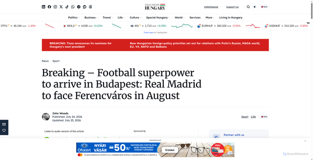 Security scan screenshot of https://dailynewshungary.com/real-madrid-ferencvaros-budapest-in-august/