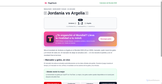 Security scan screenshot of https://flagcheck.com.br/copa-2026/es/resultado/jordan-vs-algeria-resultado-marcador-goles-mundial-2026/