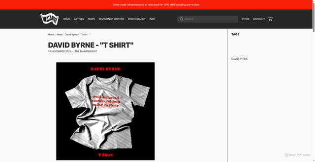 Security scan screenshot of https://matadorrecords.com/blogs/news/david-byrne-t-shirt?srsltid=AfmBOoozQCdSuLHZwEqrLGF1CNeT3ysH-UO5i0PrD_PVVTyuJRCAaHd1