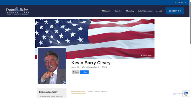 Security scan screenshot of https://www.thomasmcafee.com/obituaries/Kevin-Barry-Cleary?obId=46850223