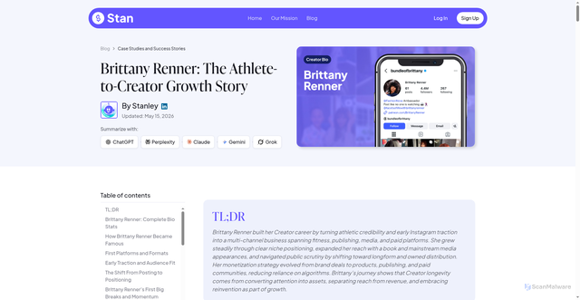 Security scan screenshot of https://stan.store/blog/brittany-renner-creator-bio/