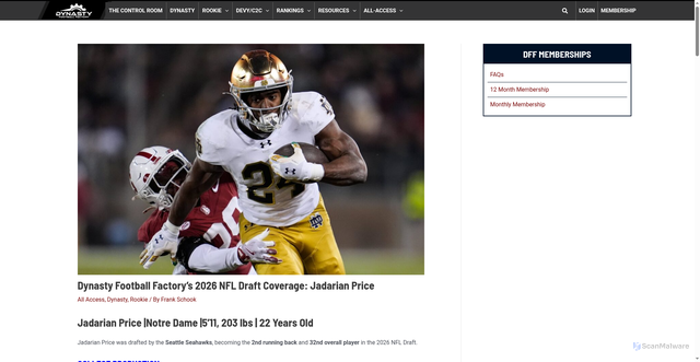 Security scan screenshot of https://dynastyfootballfactory.com/jadarian-price-dynasty-profile-nfl-draft/