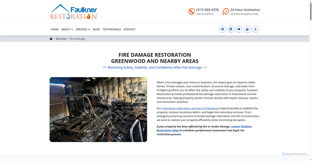 Security scan screenshot of https://www.faulknerrestoration.com/fire-damage