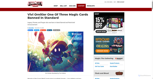 Security scan screenshot of https://articles.starcitygames.com/magic-the-gathering/vivi-ornitier-one-of-three-magic-cards-banned-in-standard/