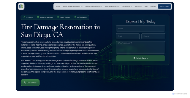 Security scan screenshot of https://asgeneralcontracting.com/services/fire-damage-restoration-san-diego/