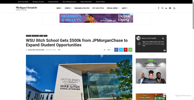 Security scan screenshot of https://michiganchronicle.com/wsu-ilitch-school-gets-500k-from-jpmorganchase-to-expand-student-opportunities/