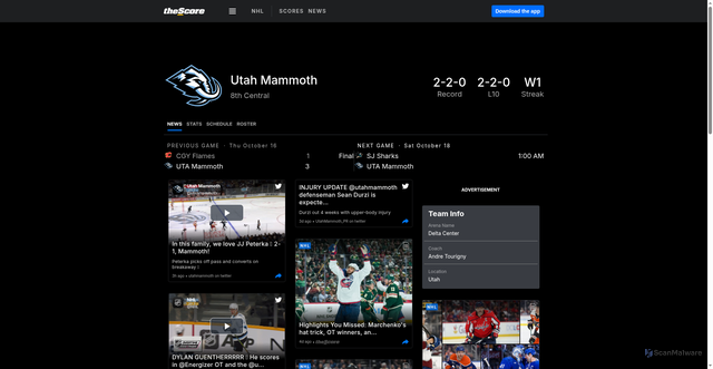 Security scan screenshot of https://video.thescore.com/nhl/teams/186