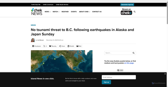Security scan screenshot of https://cheknews.ca/no-tsunami-threat-to-b-c-following-earthquakes-in-alaska-and-japan-sunday-1288617/