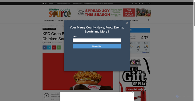 Security scan screenshot of https://maurycountysource.com/kfc-goes-big-on-national-fried-chicken-sandwich-day/