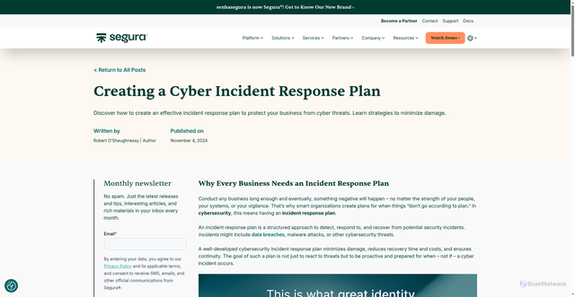 Security scan screenshot of https://segura.security/post/creating-a-cyber-incident-response-plan/