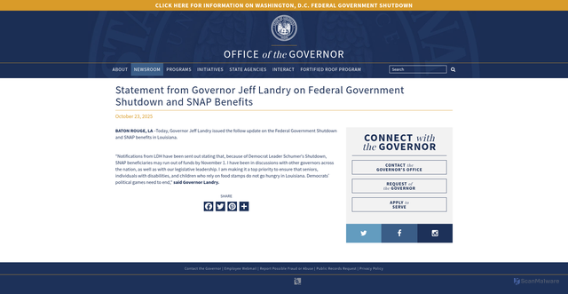 Security scan screenshot of https://gov.louisiana.gov/news/4970