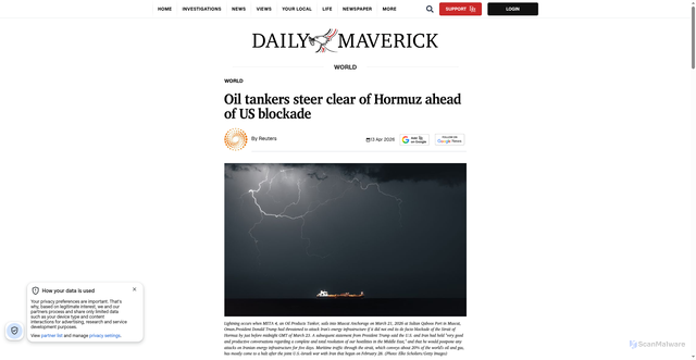 Security scan screenshot of https://www.dailymaverick.co.za/article/2026-04-13-oil-tankers-steer-clear-of-hormuz-ahead-of-us-blockade/