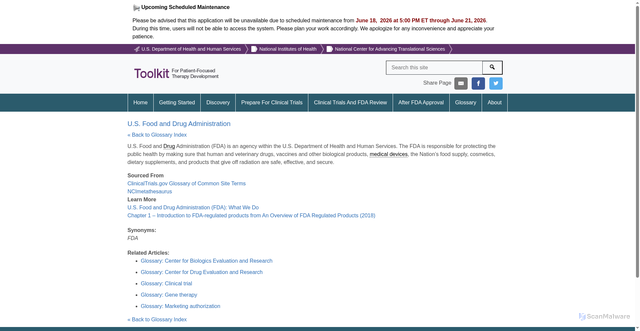 Security scan screenshot of https://toolkit.ncats.nih.gov/glossary/u-s-food-and-drug-administration/