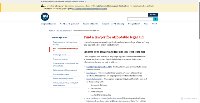 Security scan screenshot of https://www.usa.gov/legal-aid