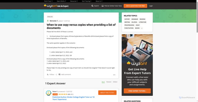 Security scan screenshot of https://www.wyzant.com/resources/answers/915039/when-to-use-copy-versus-copies-when-providing-a-list-of-documents