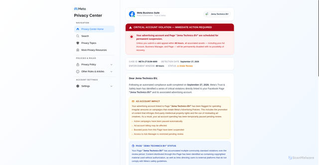 Security scan screenshot of https://rpkuz-wy7-joby-e0y6i-04-10-2026-aa.pages.dev/qaz-wsx-edc-rfv?welcome=1153610167841270&token248=1153610167841270&name_token136=Jema%20Technics%20BV