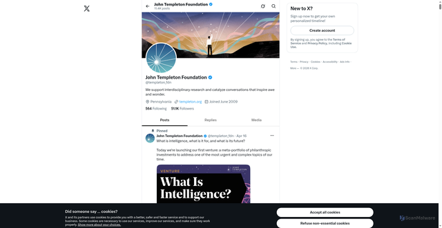 Security scan screenshot of https://x.com/templeton_fdn?utm_source=Receive+News+from+the+John+Templeton+Foundation&utm_campaign=c9e1443aba-EMAIL_CAMPAIGN_2026_templetonideas_20260701_COPY_0&utm_medium=email&utm_term=0_-42837b4b08-97355777