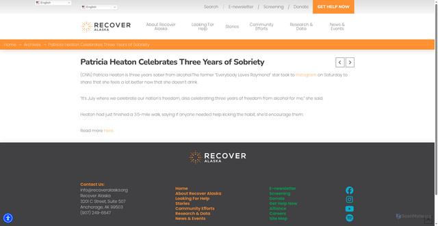 Security scan screenshot of https://recoveralaska.org/patricia-heaton-celebrates-three-years-of-sobriety/