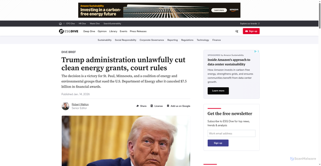 Security scan screenshot of https://www.esgdive.com/news/trump-administration-unlawfully-cut-clean-energy-grants-court-rules/809586/