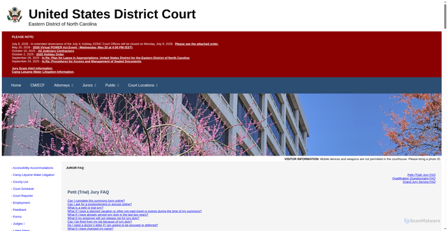 Security scan screenshot of https://www.nced.uscourts.gov/jurors/faq.aspx