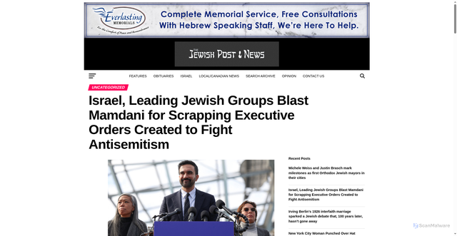 Security scan screenshot of https://jewishpostandnews.ca/uncategorized/israel-leading-jewish-groups-blast-mamdani-for-scrapping-executive-orders-created-to-fight-antisemitism/