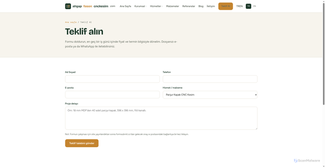 Security scan screenshot of https://ahsapfasoncnckesim.com/teklif-al/