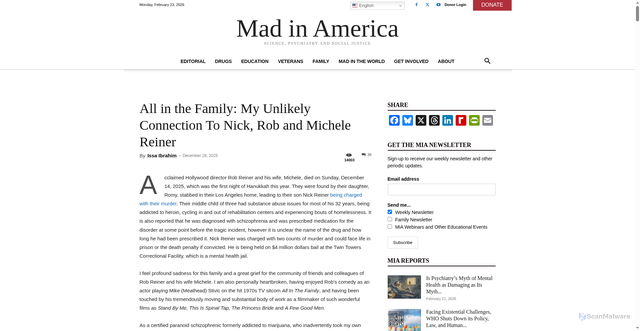 Security scan screenshot of https://www.madinamerica.com/2025/12/all-in-the-family-my-unlikely-connection-to-nick-rob-and-michele-reiner/