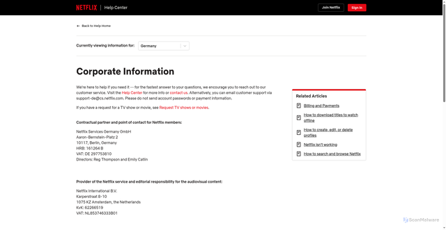 Security scan screenshot of https://help.netflix.com/legal/corpinfo?g=5932d315-9ecd-4c05-8158-a45b7fa069d5&lkid=URL_CORP_INFO&lnktrk=EVO