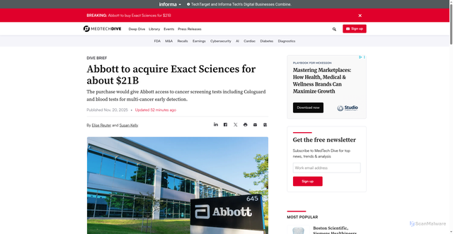 Security scan screenshot of https://www.medtechdive.com/news/abbott-acquire-exact-sciences/806020/