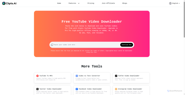 Security scan screenshot of https://www.clipto.com/media-downloader/youtube-downloader