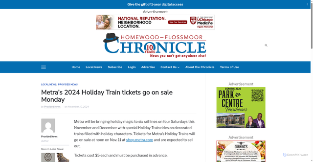 Security scan screenshot of https://www.hfchronicle.com/2024/11/10/metras-2024-holiday-train-tickets-go-on-sale-mondayprovided-news/