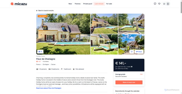Security scan screenshot of https://www.micazu.com/vacation-rentals/france/dordogne/carsac/fleur-de-chataigne-46445/