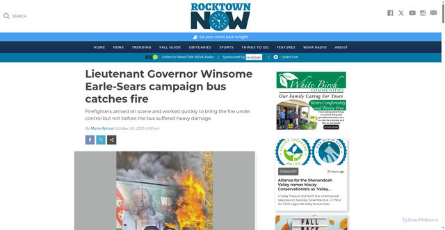 Security scan screenshot of https://rocktownnow.com/news/218812-lieutenant-governor-winsome-earle-sears-campaign-bus-catches-fire/