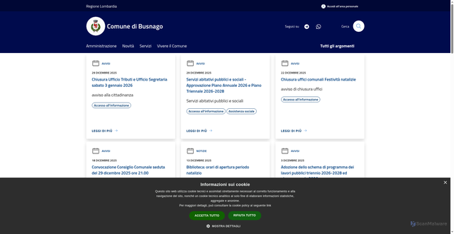 Security scan screenshot of https://www.comune.busnago.mb.it/it