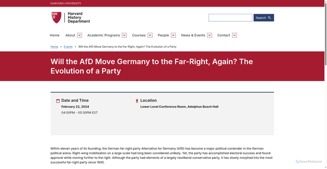 Security scan screenshot of https://history.fas.harvard.edu/event/will-afd-move-germany-far-right-again-evolution-party