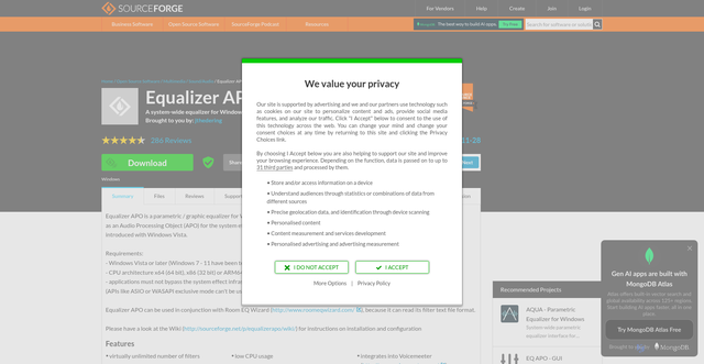 Security scan screenshot of https://sourceforge.net/projects/equalizerapo/