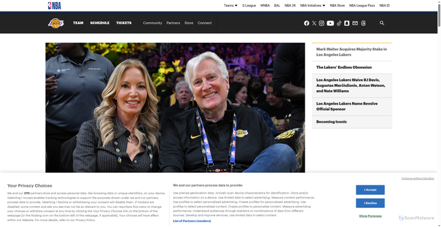 Security scan screenshot of https://lakers.com/news/mark-walter-acquires-majority-stake-in-lakers