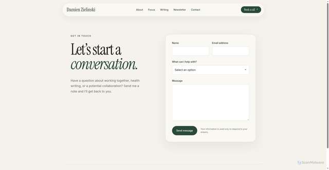 Security scan screenshot of https://damienzielinski-com.pages.dev/contact.html