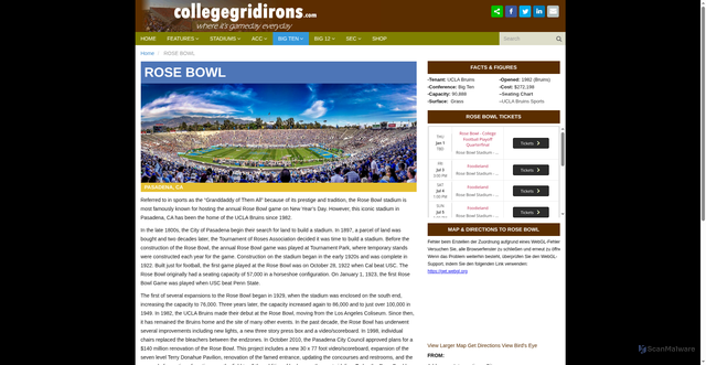 Security scan screenshot of https://www.collegegridirons.com/stadiums/rose-bowl/