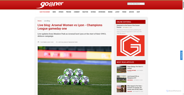 Security scan screenshot of https://www.onlinegooner.com/articles/view/live-blog-arsenal-vs-lyon-uwcl-league-phase