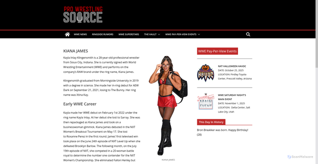 Security scan screenshot of https://prowrestlingsource.com/wwe-superstars/kiana-james/
