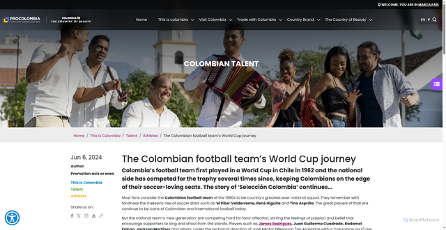 Security scan screenshot of https://colombia.co/en/colombia-country/famous-people-from-colombia/athletes/colombian-football-teams-world-cup-journey
