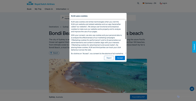 Security scan screenshot of https://www.klm.com/travel-guide/inspiration/bondi-beach-sydney-s-most-famous-beach?srsltid=AfmBOoq0E3FjQsl8wiYpI1QsgYZojrv4vpFi7gEhQFniVxxQRDvGE3GB