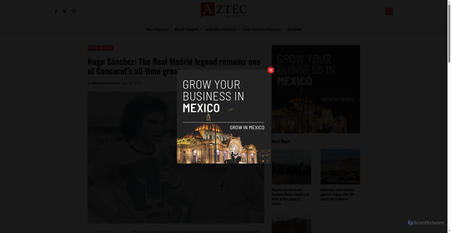 Security scan screenshot of https://aztecreports.com/hugo-sanchez-the-real-madrid-legend-remains-one-of-concacafs-all-time-greats/1012/
