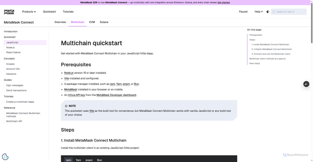 Security scan screenshot of http://metamask-docs-git-dependabot-npmandya-95394d-consensys-ddffed67.vercel.app/metamask-connect/multichain/quickstart/javascript/